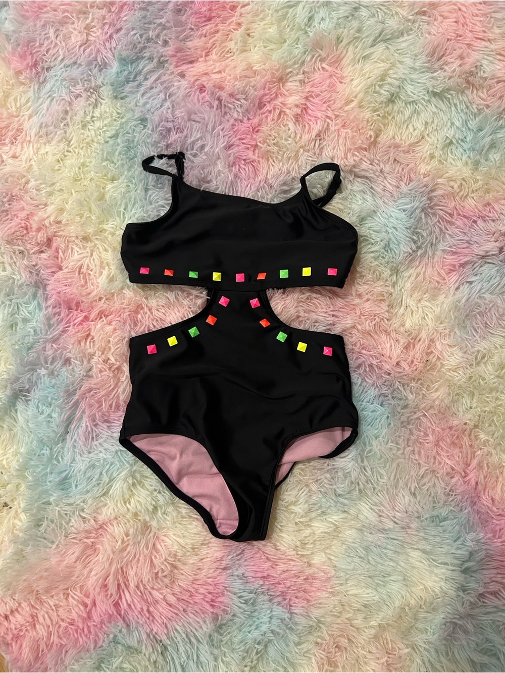 art class Black One-Piece Swimsuit with Neon Stud Accents